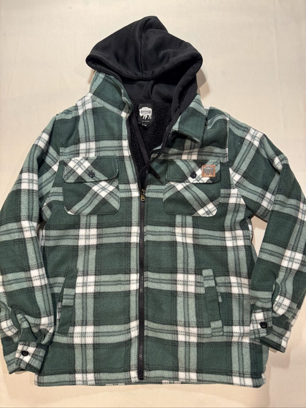 Men's Buffalo Outdoors Sherpa Lined Plaid Hooded Shirt Jacket β Green β Medium